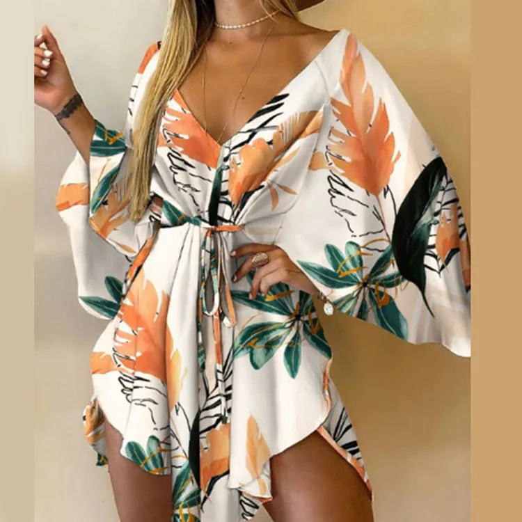 Women’s Boho Floral V Neck Mini Dress Summer Beach Sundress