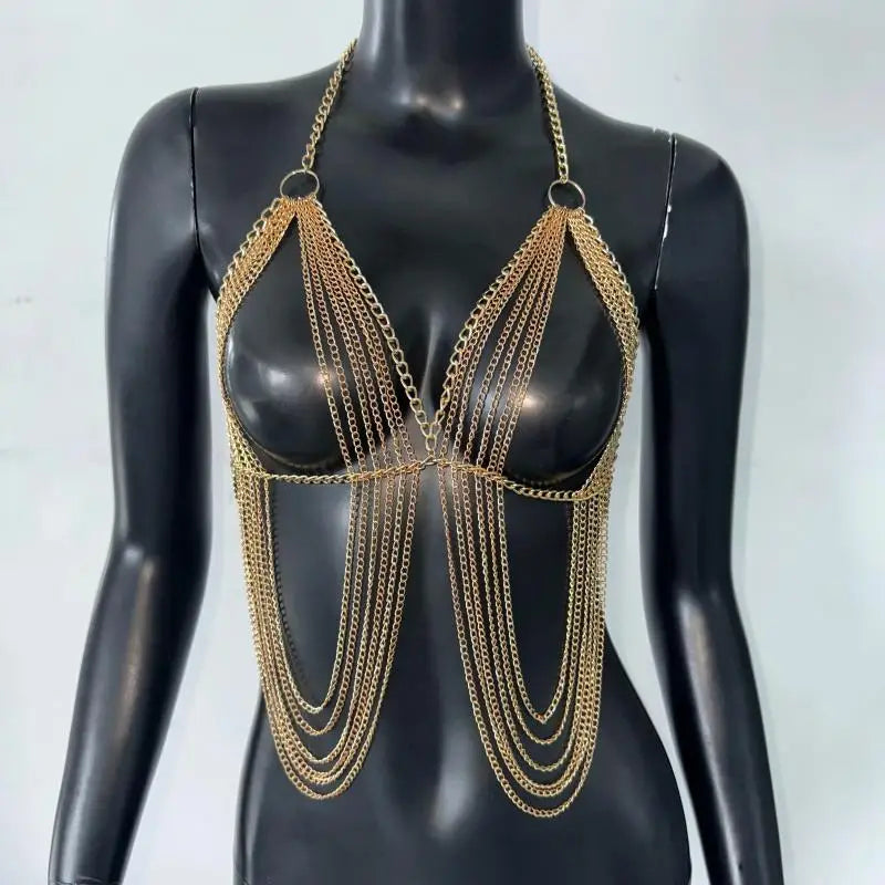 "White Pearl Silver Body Chain Suspender Fashionable Women's Layered Top