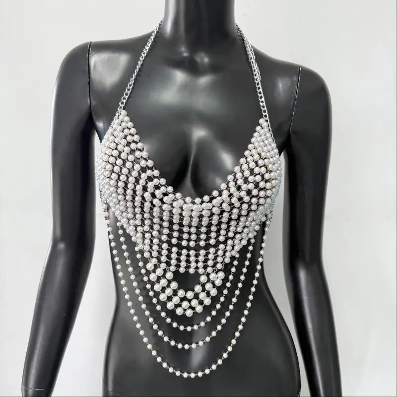 "White Pearl Silver Body Chain Suspender Fashionable Women's Layered Top