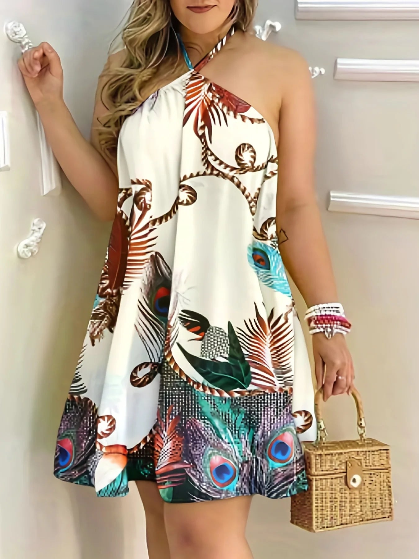 Plus Size Floral Halter Mini Dress Backless Beach Sundress