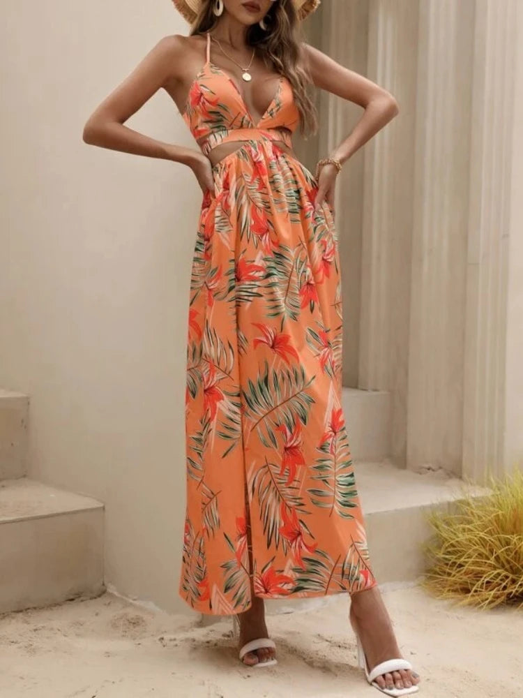 2024 Summer Women's Boho Printed Bareback Bow Split Dress