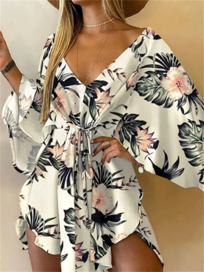 Women’s Boho Floral V Neck Mini Dress Summer Beach Sundress