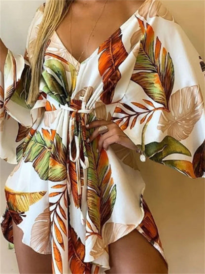 Women’s Boho Floral V Neck Mini Dress Summer Beach Sundress