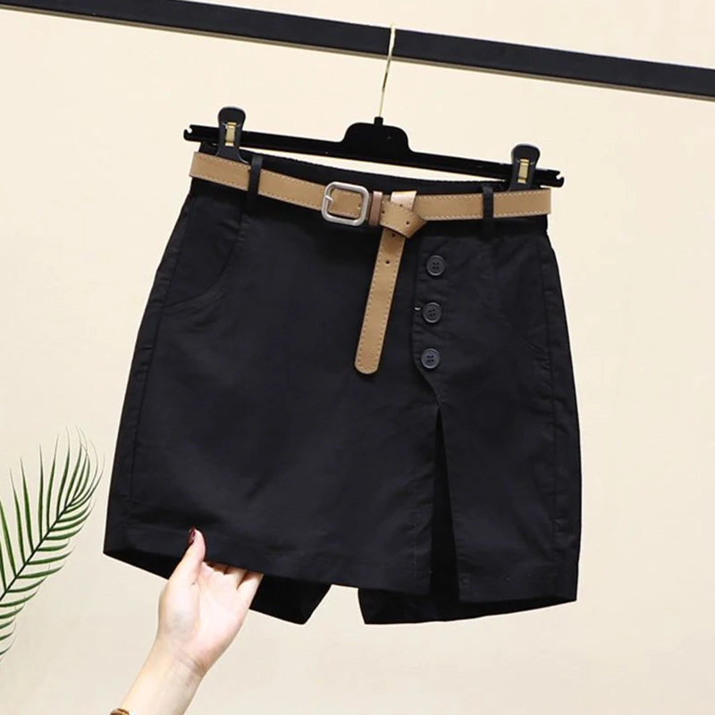 GIDYQ Women's Chic A-line Shorts with Belt & Side Slit Summer Streetwear
