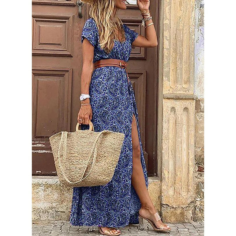 2024 Summer Boho Floral V Neck Long Dress with Belt