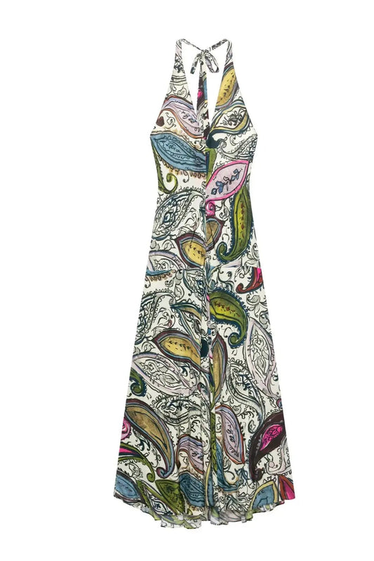 2025 Summer Printed Halter Neck Backless Holiday Dress