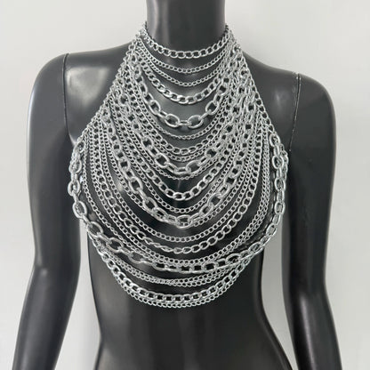 "White Pearl Silver Body Chain Suspender  Fashionable Women's Layered Top