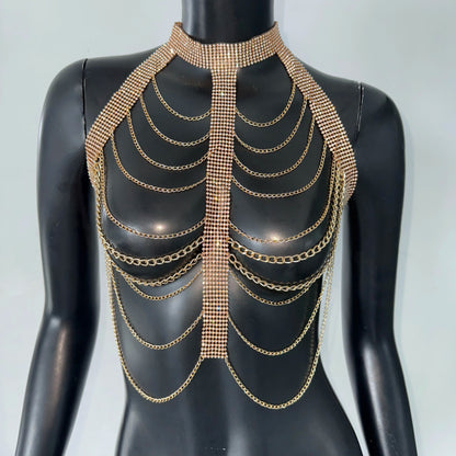 "White Pearl Silver Body Chain Suspender  Fashionable Women's Layered Top