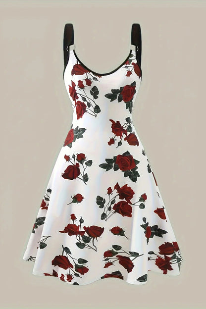 2024 Plus Size Women’s Sexy Rose Print Spring/Summer Suspender Dress