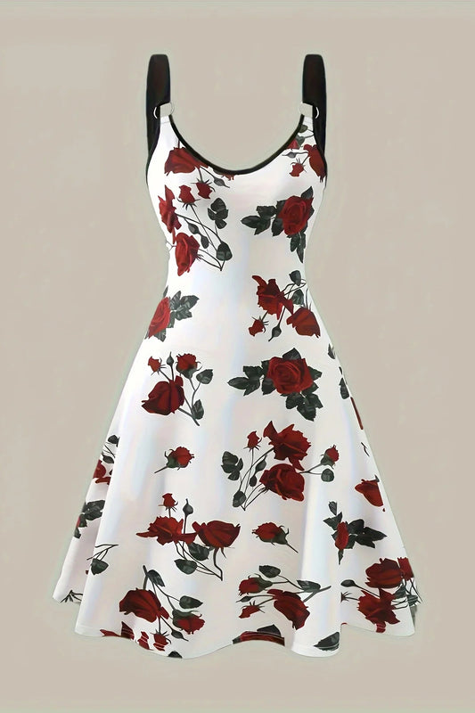2024 Plus Size Women’s Sexy Rose Print Spring/Summer Suspender Dress