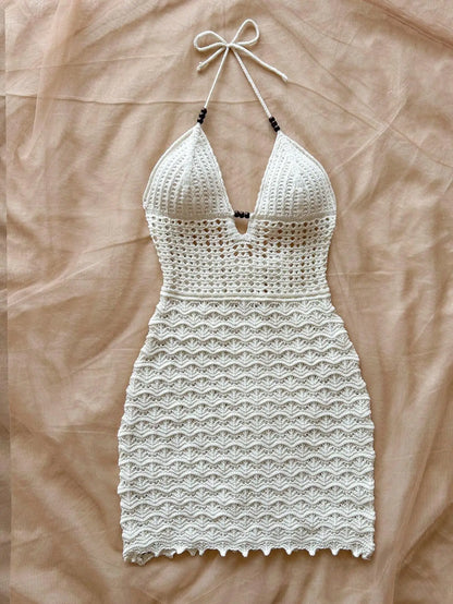 Gradient Knitted Summer Dress Sexy V-Neck, Slim Fit with Wood Beads