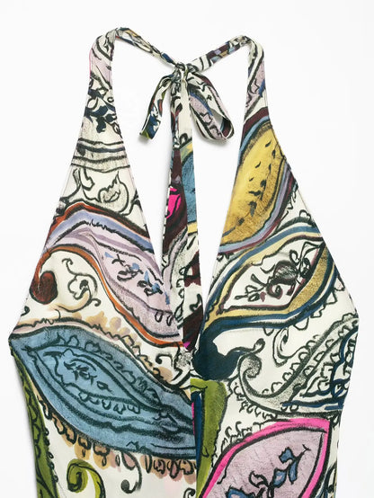 2025 Summer Printed Halter Neck Backless Holiday Dress