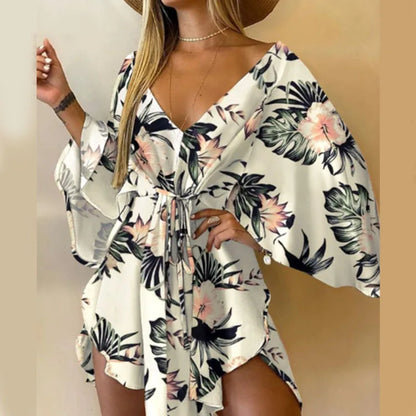 Women’s Boho Floral V Neck Mini Dress Summer Beach Sundress