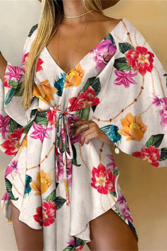 Women’s Boho Floral V Neck Mini Dress Summer Beach Sundress