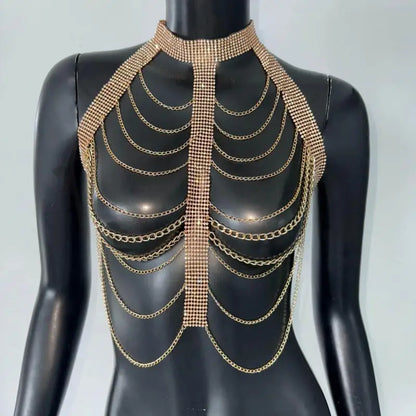 "White Pearl Silver Body Chain Suspender  Fashionable Women's Layered Top