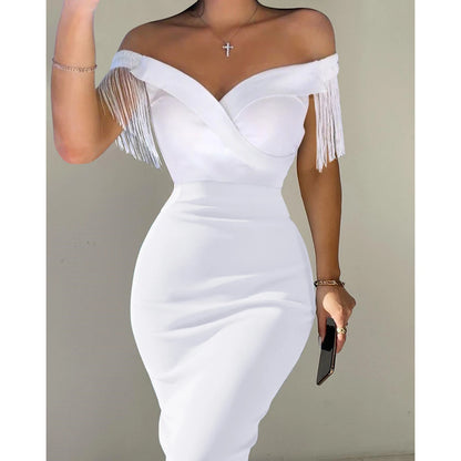 FiLiFiTi Elegant Off-Shoulder Tassel Midi Dress