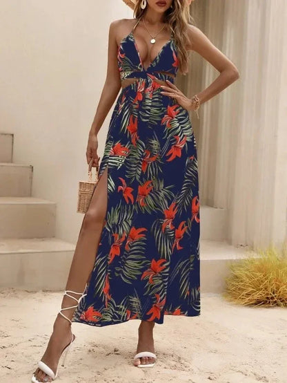 2024 Summer Women's Boho Printed Bareback Bow Split Dress