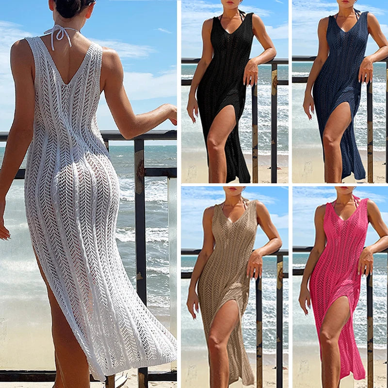 2024 Summer Women’s Chic Hollow-Out Sleeveless Maxi Dress Beach Cover Up