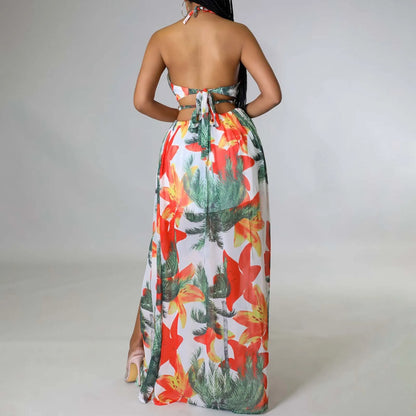 Floral Print French Halterneck Maxi Dress Elegant Summer Split