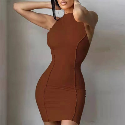Women’s Summer Slim Wrap Sleeveless Mini Dress Solid Patchwork O Neck