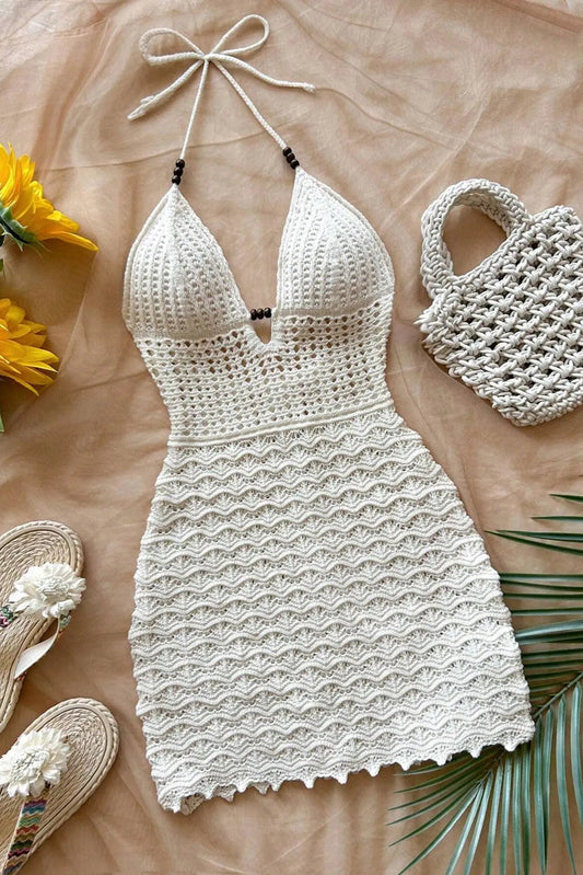 Gradient Knitted Summer Dress Sexy V-Neck, Slim Fit with Wood Beads