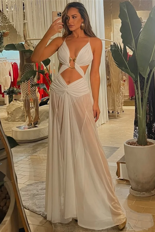 Metallic Halter Backless Pleated Beach Dress for Women