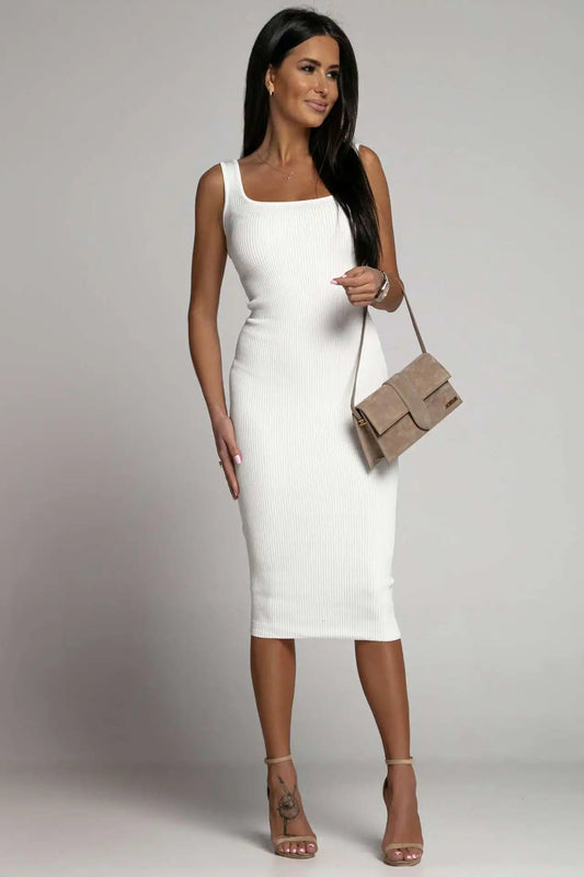 Women's White Ribbed Bandage Dress Elegant & Slim Fit