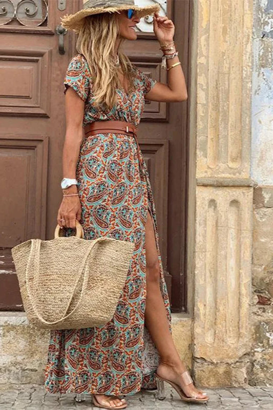 2024 Summer Boho Floral V Neck Long Dress with Belt