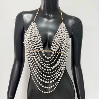 "White Pearl Silver Body Chain Suspender  Fashionable Women's Layered Top