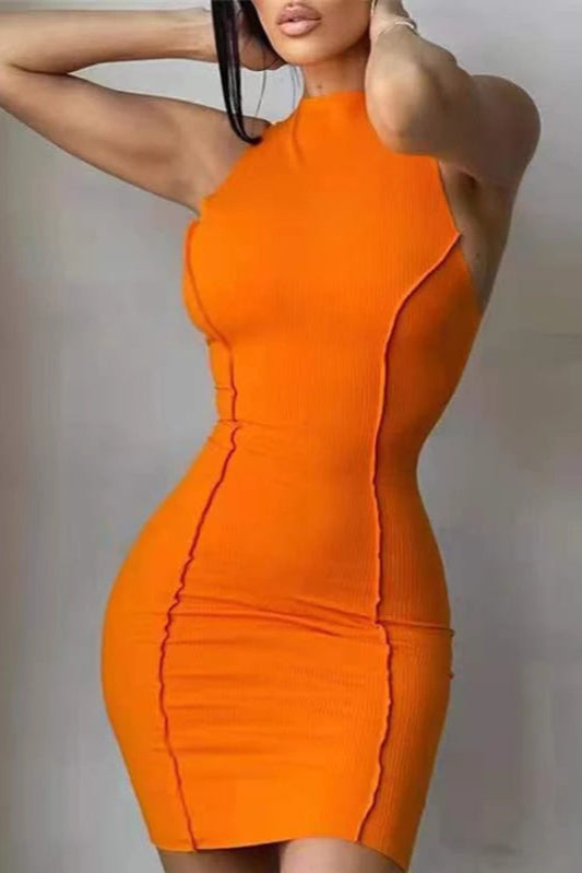 Women’s Summer Slim Wrap Sleeveless Mini Dress Solid Patchwork O Neck
