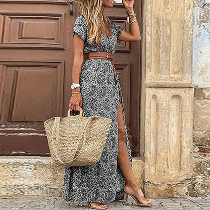 2024 Summer Boho Floral V Neck Long Dress with Belt
