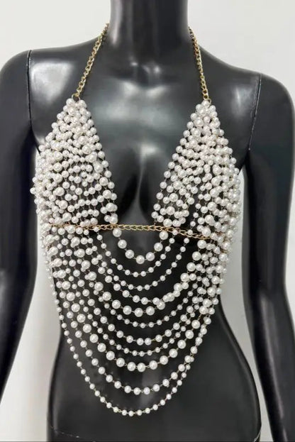 "White Pearl Silver Body Chain Suspender  Fashionable Women's Layered Top