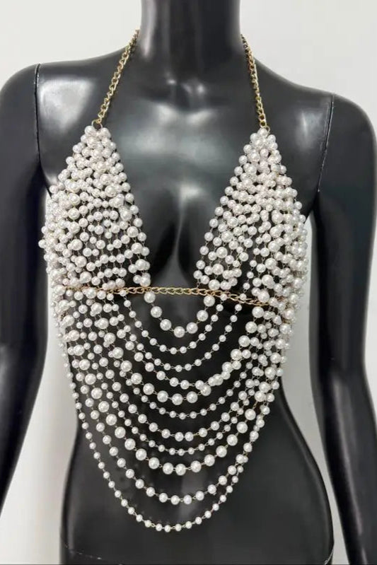 "White Pearl Silver Body Chain Suspender  Fashionable Women's Layered Top