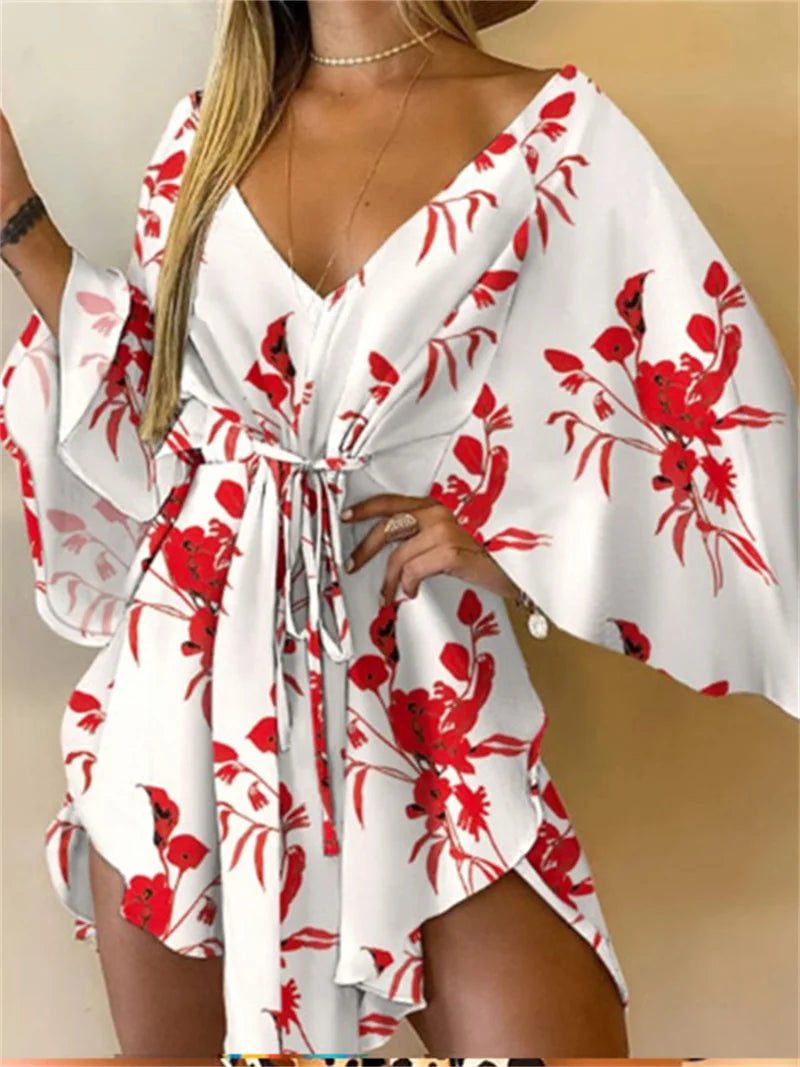Women’s Boho Floral V Neck Mini Dress Summer Beach Sundress