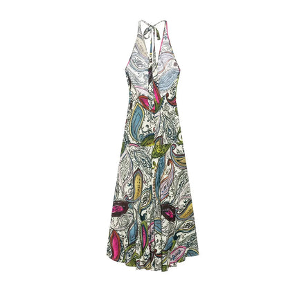 2025 Summer Printed Halter Neck Backless Holiday Dress