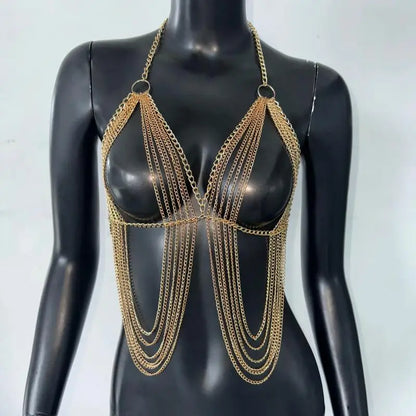 "White Pearl Silver Body Chain Suspender  Fashionable Women's Layered Top