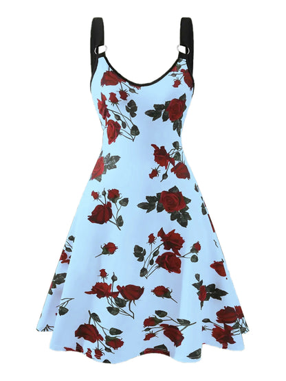 2024 Plus Size Women’s Sexy Rose Print Spring/Summer Suspender Dress